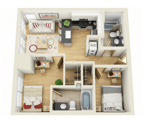 Floor plan for 2 beds, 2 baths, 745 sqft